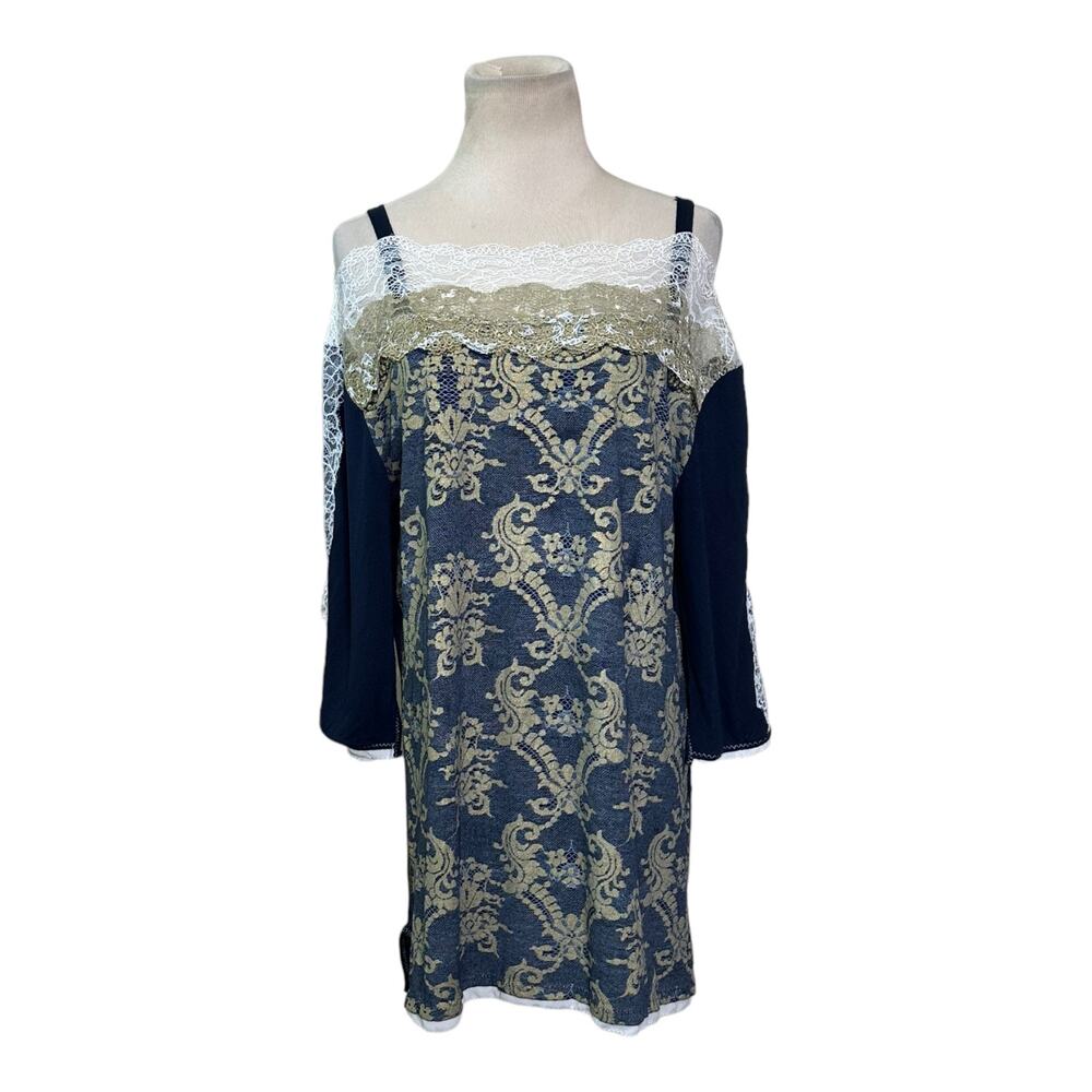 Elisa Cavaletti blue white lace detail cold shoulder blouse size M